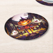 ハロウィンカボチャかわいい幽霊たちムーンホラー森 ラウンドペーパーコースター (アングル)
