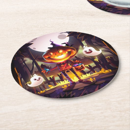 ハロウィンカボチャかわいい幽霊たちムーンホラー森 ラウンドペーパーコースター (アングル)