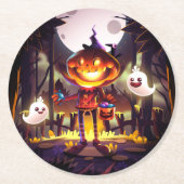 ハロウィンカボチャかわいい幽霊たちムーンホラー森 ラウンドペーパーコースター (正面)