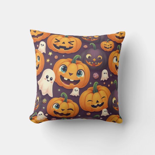ハロウィンカボチャと可愛い幽霊友達 クッション (正面)