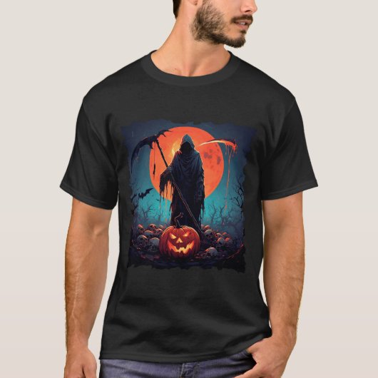 ハロウィンカボチャと満月の死神 Tシャツ (正面)