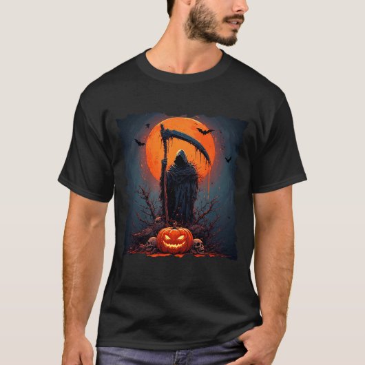 ハロウィンカボチャと満月の死神 Tシャツ (正面)