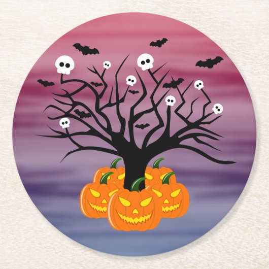 ハロウィンカボチャのジャックO'ランタンデッド・ツリー ラウンドペーパーコースター (正面)