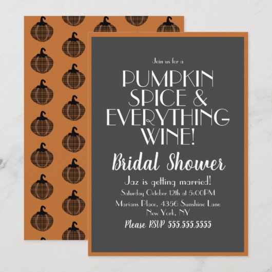 ハロウィンカボチャのスパイスとワインブライダルシャワー 招待状 (正面/裏面)