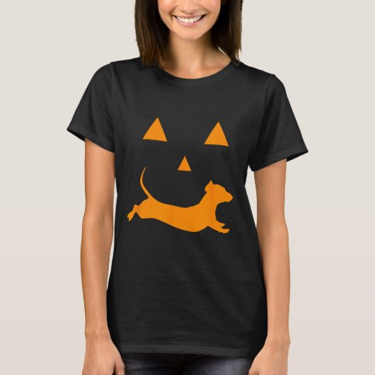 ハロウィンカボチャのダックスシュントのジャック・オ・ランタンの衣装 Tシャツ (正面)