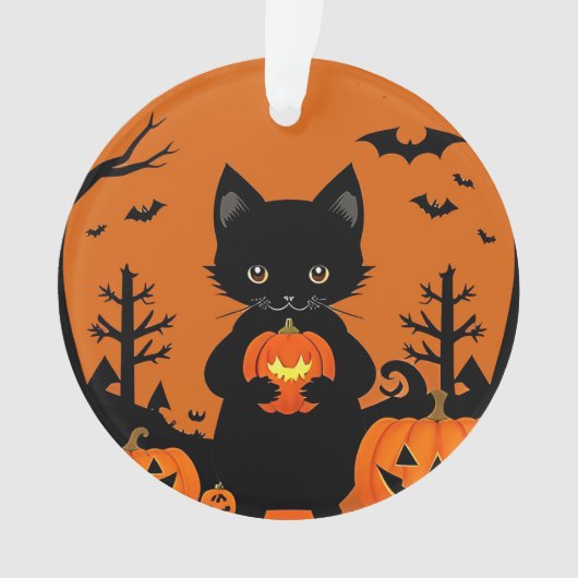 ハロウィンカボチャの可愛い黒猫 オーナメント (正面)