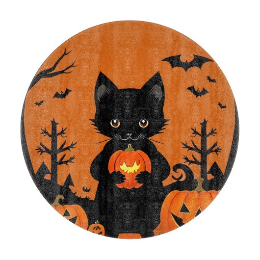ハロウィンカボチャの可愛い黒猫 カッティングボード (正面)