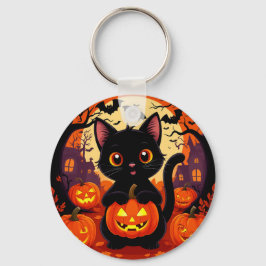 ハロウィンカボチャの可愛い黒猫 キーホルダー