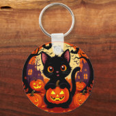 ハロウィンカボチャの可愛い黒猫 キーホルダー (正面)