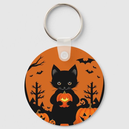 ハロウィンカボチャの可愛い黒猫 キーホルダー (正面)