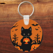 ハロウィンカボチャの可愛い黒猫 キーホルダー (正面)