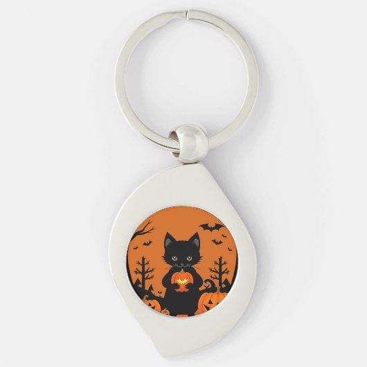 ハロウィンカボチャの可愛い黒猫 キーホルダー (正面)
