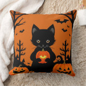 ハロウィンカボチャの可愛い黒猫 クッション (ブランケット)