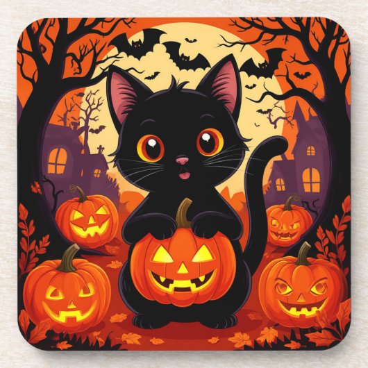 ハロウィンカボチャの可愛い黒猫 コースター (正面)