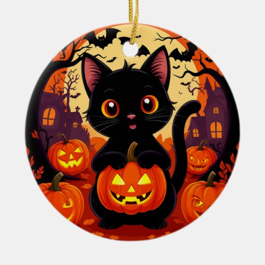 ハロウィンカボチャの可愛い黒猫 セラミックオーナメント (正面)