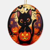 ハロウィンカボチャの可愛い黒猫 セラミックオーナメント (左)