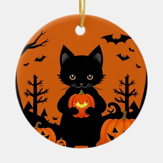 ハロウィンカボチャの可愛い黒猫 セラミックオーナメント (正面)