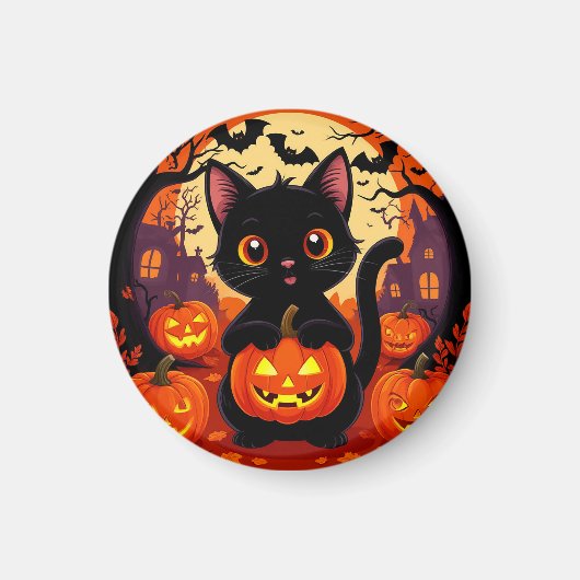 ハロウィンカボチャの可愛い黒猫 マグネット (正面)