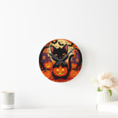 ハロウィンカボチャの可愛い黒猫 ラウンド壁時計 (ホーム)