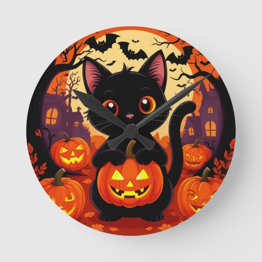 ハロウィンカボチャの可愛い黒猫 ラウンド壁時計 (正面)