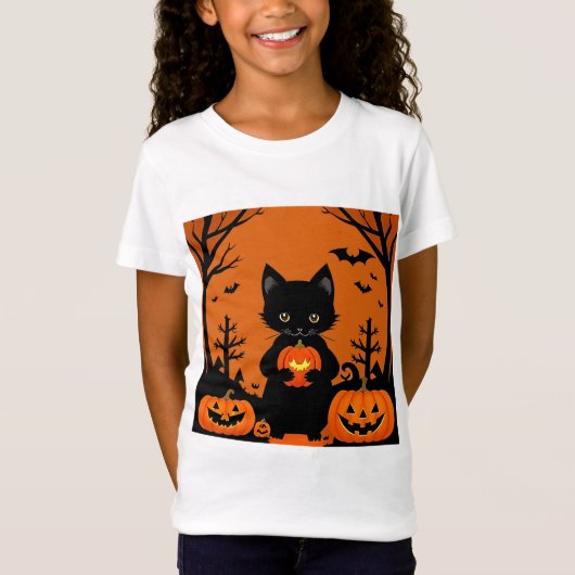 ハロウィンカボチャの可愛い黒猫 Tシャツ (正面)