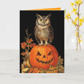 ハロウィンカボチャの夜型フクロウと紅葉 カード (黄色い花)