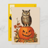 ハロウィンカボチャの夜型フクロウと紅葉 シーズンポストカード (正面/裏面)