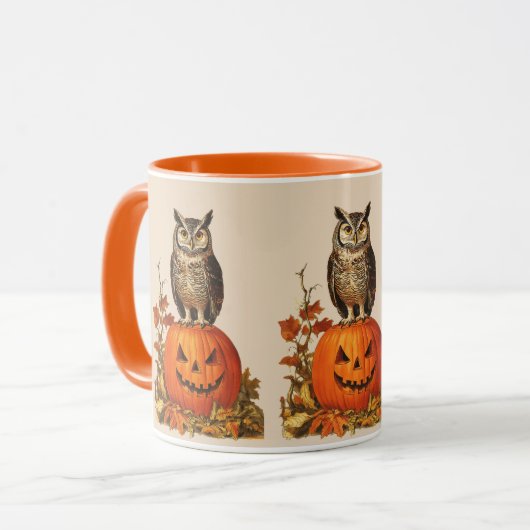 ハロウィンカボチャの夜型フクロウと紅葉 マグカップ (正面左)
