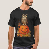 ハロウィンカボチャの夜型フクロウと紅葉 Tシャツ (正面)