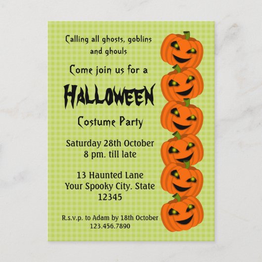 ハロウィンカボチャの衣装パーティー インビテーションポストカード (正面)