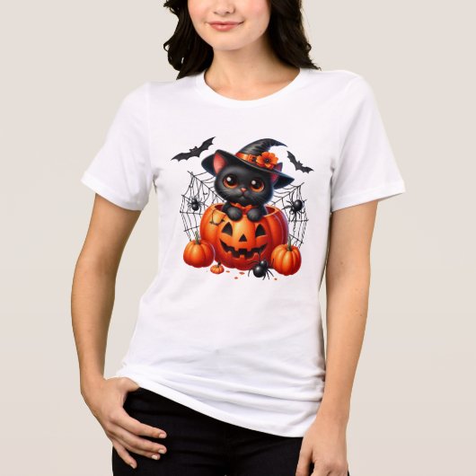 ハロウィンカボチャの黒い子猫 トライブレンドＴシャツ (正面)