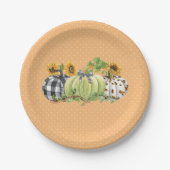 ハロウィンカボチャひまわり感謝祭のプレイド ペーパープレート (正面)