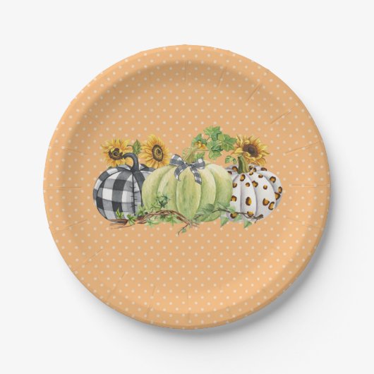 ハロウィンカボチャひまわり感謝祭のプレイド ペーパープレート (正面)