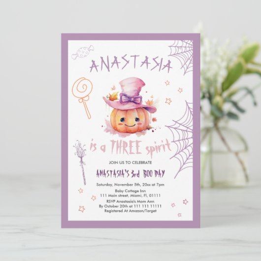 ハロウィンカボチャ不気味ベビーガール3rd誕生日 招待状 (スタンド正面)