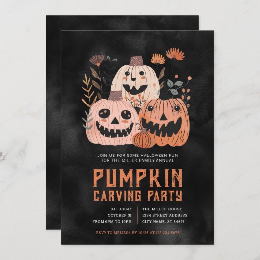 ハロウィンカボチャ彫りパーティの招待状 招待状 (正面/裏面)