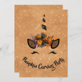 ハロウィンカボチャ彫りパーティーユニコーン 招待状