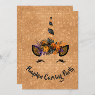 ハロウィンカボチャ彫りパーティーユニコーン 招待状