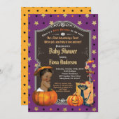 ハロウィンカボチャ男の赤ちゃんシャワーパープル金ゴールド 招待状 (正面/裏面)