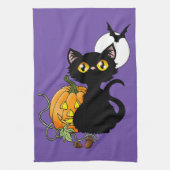 ハロウィンカボチャ紫色の黒猫 キッチンタオル (縦)