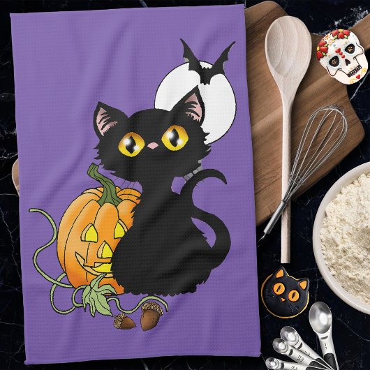 ハロウィンカボチャ紫色の黒猫 キッチンタオル