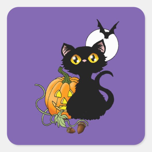 ハロウィンカボチャ紫色の黒猫 スクエアシール (正面)
