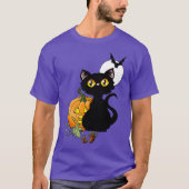 ハロウィンカボチャ紫色の黒猫 Tシャツ (正面)