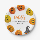 ハロウィンカボチャ誕生日パーティーのトリックまたはトリートメント ペーパープレート (正面)