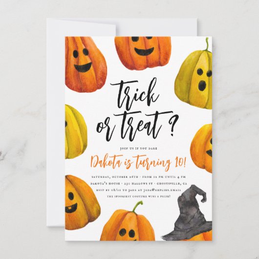 ハロウィンカボチャ誕生日パーティーのトリックまたはトリートメント 招待状 (正面)