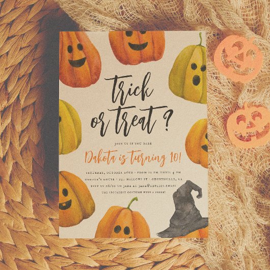 ハロウィンカボチャ誕生日パーティーのトリックまたはトリートメント 招待状