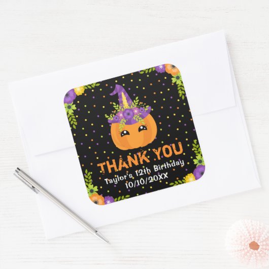 ハロウィンカボチャ誕生日ブラックサンキュースクエア スクエアシール (封筒)