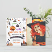 ハロウィンカボチャ魔女キャットスパイダー不気味誕生日 招待状 (スタンド正面)