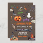 ハロウィンカボチャ魔女キャットスパイダー不気味誕生日 招待状 (正面/裏面)