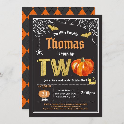 ハロウィンカボチャ2歳誕生日パーティーブラック金ゴールド 招待状 (正面/裏面)