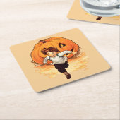 ハロウィンカボチャ、幸せな少年 スクエアペーパーコースター (アングル)